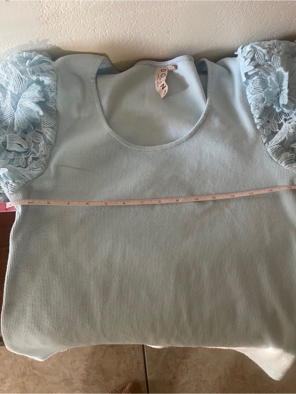 Dolan Light Blue Floral Lace Puff Sleeve Ribbed Top | M/L Boutique Romantic - Picture 4 of 9